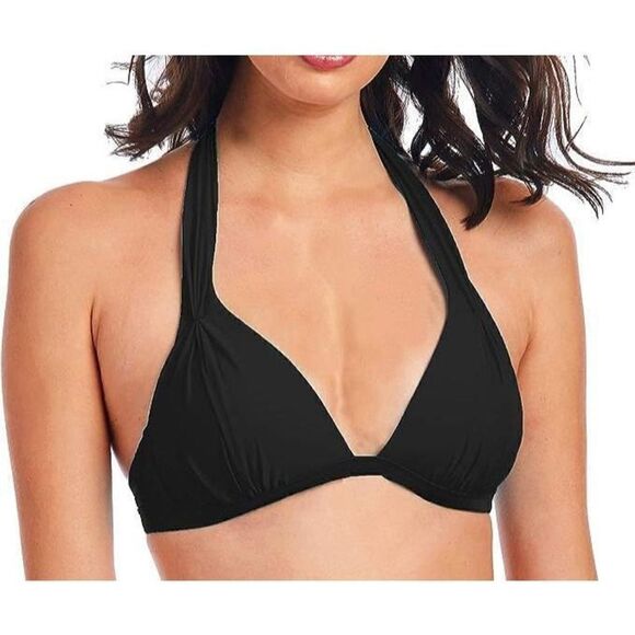 859 Rachel Roy triangle halter tie back Swimsuit Bikini Top BLACK sz M - Picture 1 of 2
